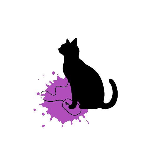 A black cat using a mouse on a purple splotch.
