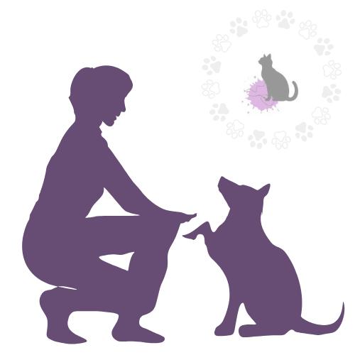 A person and a dog silhouette sharing a high five. 